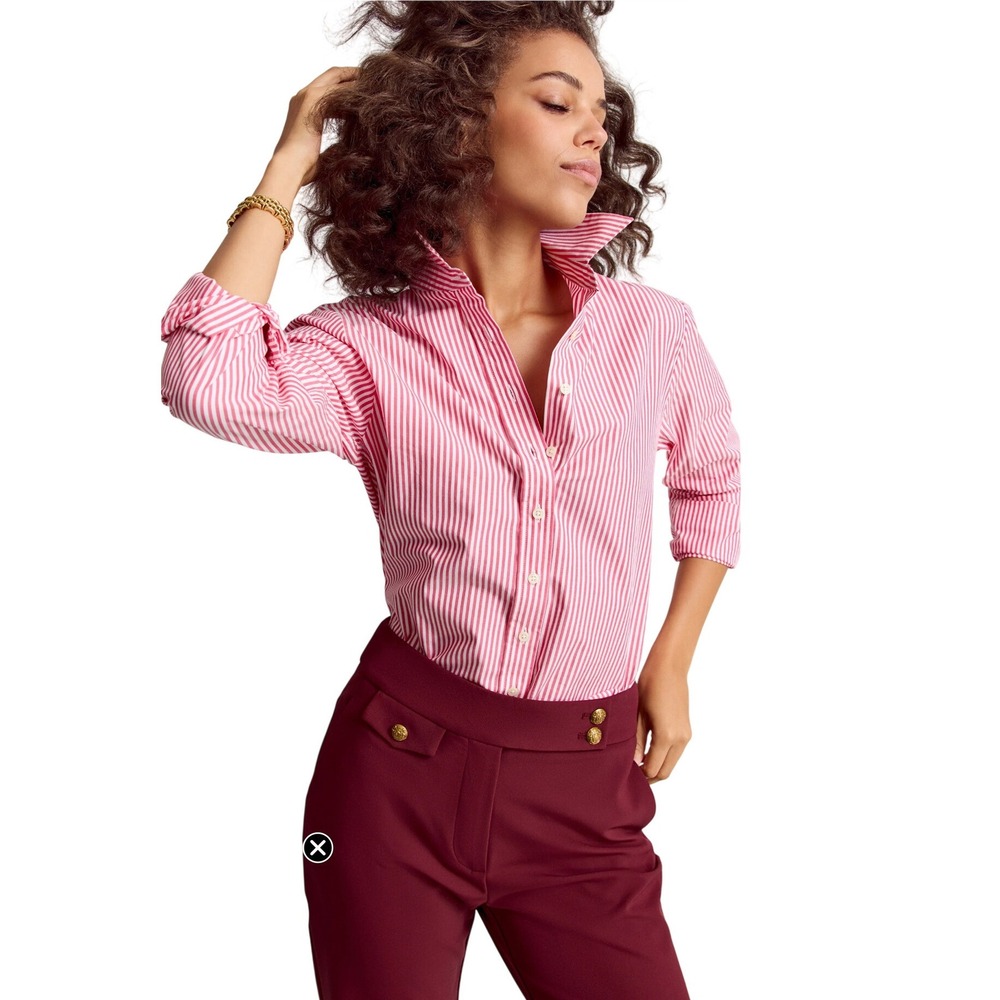 The Shirt Rochelle Behrens Pink White Striped Button Down No Gape XS Womens